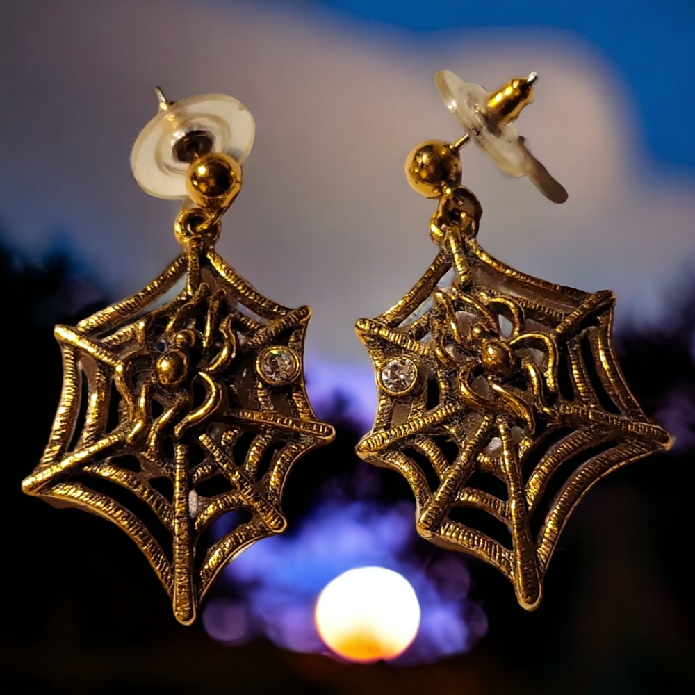 Gold Halloween Spider Web Dangle Post Pierced Earrings